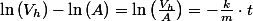 \ln\left(V_{h}\right)-\ln\left(A\right)=\ln\left(\frac{V_{h}}{A}\right)=-\frac{k}{m}\cdot t
 \\ 